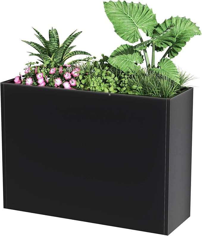 Tall Metal Cube Planter for Outdoor Plants 30" L x 12" W x 24" H, Heavy Duty Steel Large Planter Box with Removable Insert Shelf, Modern Décor for Tall Plants, Trees, Flowers (Black)