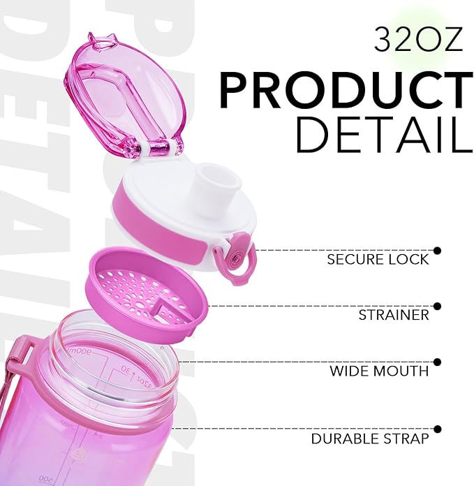 32oz Motivational Water Bottles with Time Marker & Fruit Strainer, Transparent Gradient Color Water Bottle with Times to Drink, Leakproof & BPA Free, Reusable Bottle with Strap (No Straw)