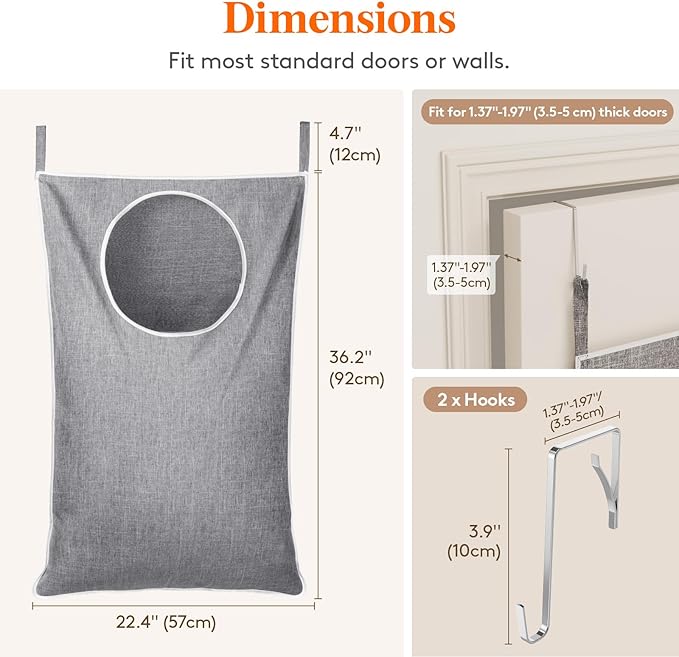 Lifewit 2 Pack Over Door Laundry Hamper, Large Collapsible Hanging Laundry Hamper, Hanging Laundry Basket Bag for Bathroom Bedroom Dirty Clothes Storage Organizer, Light Gray