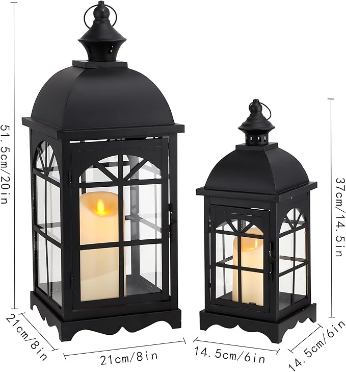 TRIROCKS Set of 2 Decorative Vintage Candle Lanterns 14.5"&20" H Farmhouse Outdoor Hanging Lanterns with Tempered Glass for Porch, Balcony, Patio, Home, Centerpieces, Indoor, Outdoor(Black)