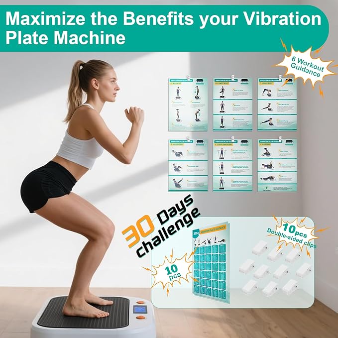 Vibration Plate Exercise Machine Poster - Upgraded 6 Workout Guidance & 10 Pcs Planner & 10 Pcs Double-Sided Clips, Comprehensive Whole Body Wave Vibrating Workout Chart, Pink