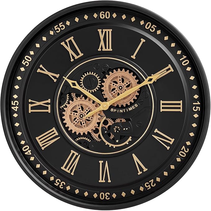 CLXEAST 24 Inch Wall Clock with Moving Gears, Black Gold Roman Numeral Wall Clocks for Modern Farmhouse Living Room Decor,House Warming Gifts New Home