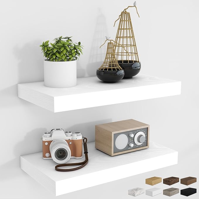 RICHFOCUS 16Inch Floating Shelves for Wall 2 Pack Shelves for Bedroom|Kitchen|Bathroom Wall Mounted Rustic Wood Floating Shelf with Invisible Brackets for Books|Storage|Decor, White