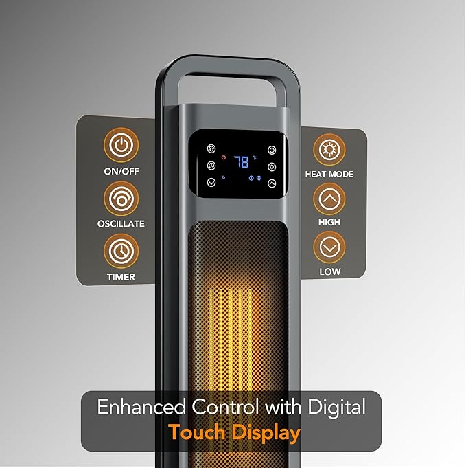 Comfort Zone Oscillating Digital Tower Heater with Remote Control for Indoor Use, Adjustable Thermostat, Timer, Overheat Protection, Tip-Over Switch, Ideal for Home, Bedroom, & Office, HT1206-GRY