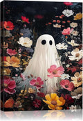Halloween Canvas Wall Art,Vintage Cute Ghost & Wildflowers Framed Poster, Spooky Fall Decorations for Indoor, Gothic Dark Academia Wall Decor, Funny Halloween Decorations for Living Room Bedroom