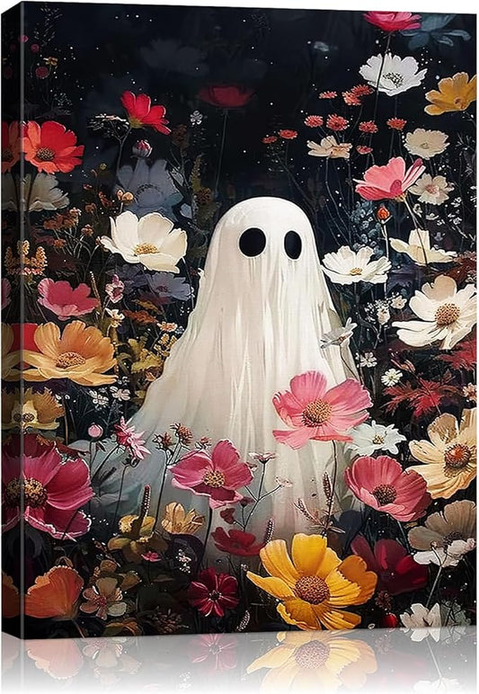 Halloween Canvas Wall Art,Vintage Cute Ghost & Wildflowers Framed Poster, Spooky Fall Decorations for Indoor, Gothic Dark Academia Wall Decor, Funny Halloween Decorations for Living Room Bedroom