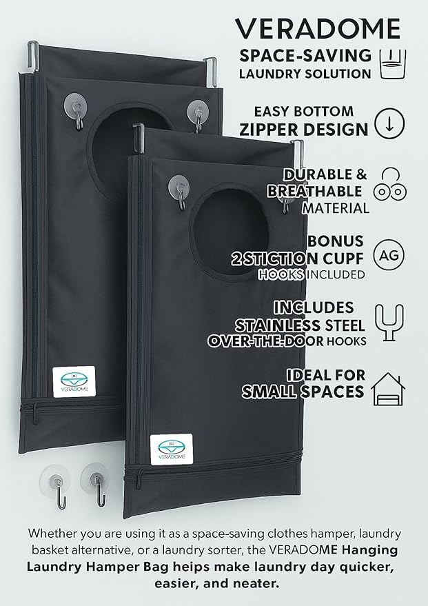 Hanging Laundry Hamper Bag – Space-Saving Dirty Clothes Storage with Free Adjustable Stainless Steel Over-the-Door Hooks & 2 Suction Cup Hooks – Ideal for bathrooms, bedrooms & dorms
