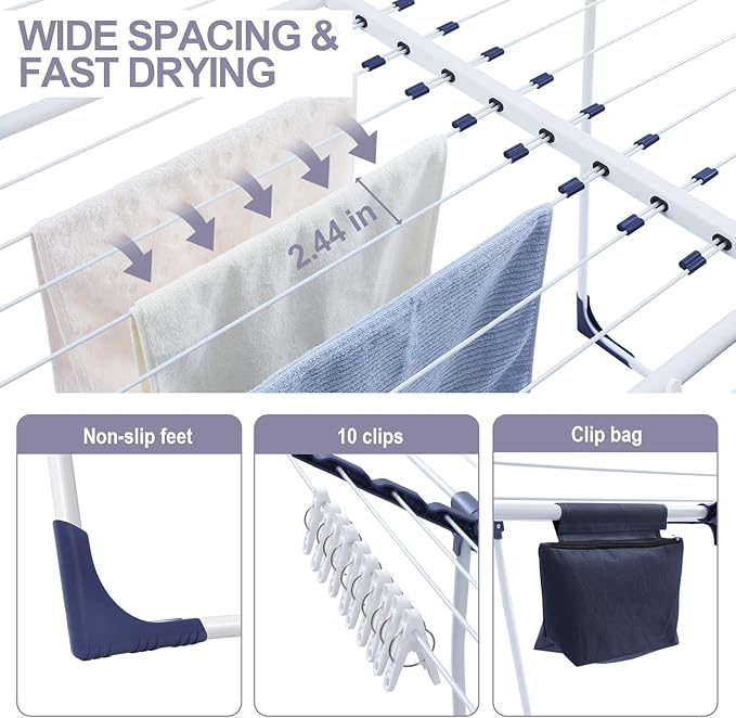 APEXCHASER Clothes Drying Rack, Foldable Gullwing Laundry Rack for Indoor Outdoor, 10pcs Clips with Bag, Collapsible Space-Saving Drying Rack for Clothes Towels Dolls, White
