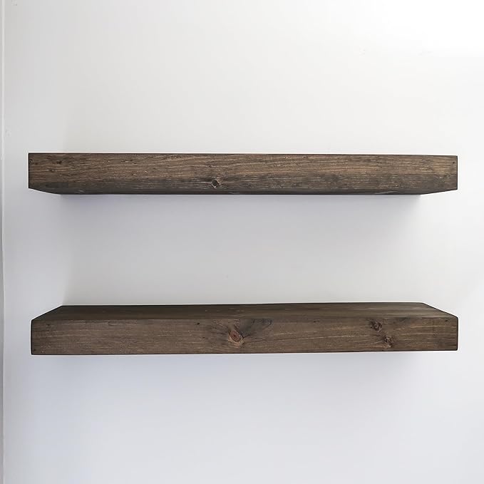 Modern Floating Shelves 3 Inches Thick for Wall, Wide Shelves for Kitchen, Living Room, Bedroom, and Bathroom, Natural Pine Wood, Rustic Wooden Shelf, (Set of 2) (Jacobean, 24Lx3Hx6D)
