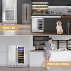 Wine and Beverage Refrigerator, 24 Inch Stainless Steels Beverage Fridge Dual Zone, Wine Beverage Cooler Built-in or Freestanding with Upgraded Cooling, 20 Bottles and 88 Cans Large Capacity