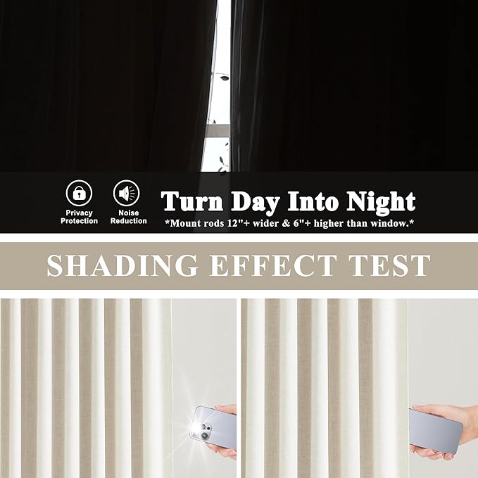 Vision Home Natural Pinch Pleated Full Blackout Curtains Linen Blended Room Darkening Window Curtains 95 inch for Living Room Bedroom Thermal Insulated Pinch Pleat Drapes with Hooks 2 Panel 40"Wx95"L