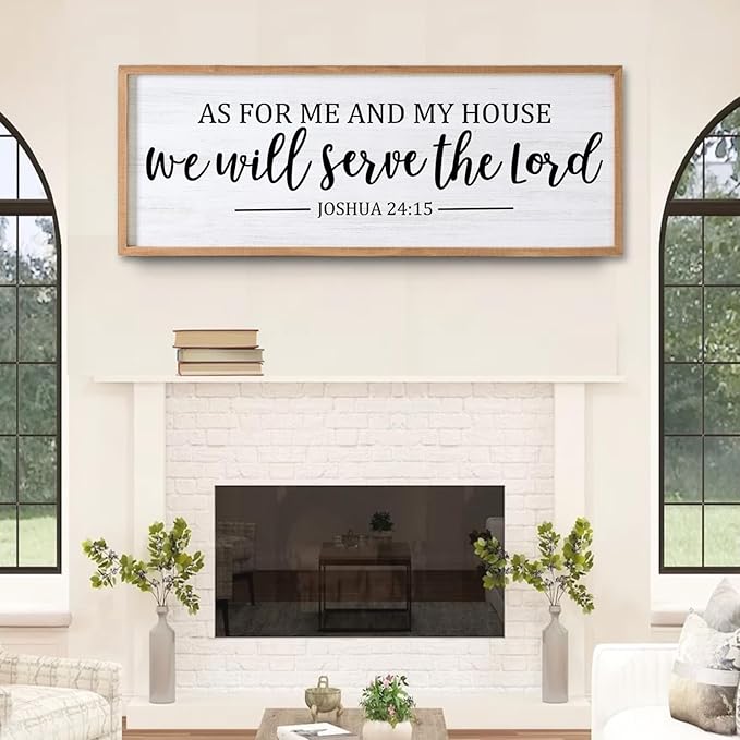 As For Me And My House We Will Serve The Lord Framed Wall Art, 40''×15'' Positive Religious Rustic Bible Verse for Christian God Jesus Christ Prayer, Vintage Long Holy Catholic Scripture Decor