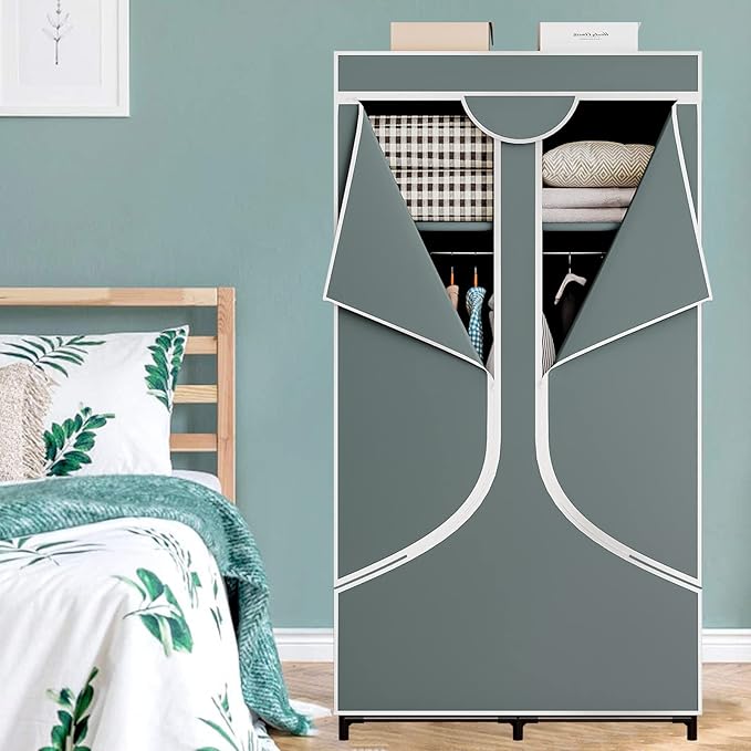 SORCEDAS Portable Wardrobe Closet Storage Organizer Metal Hanging Rack Non-Woven Fabric 34 Inch Grey