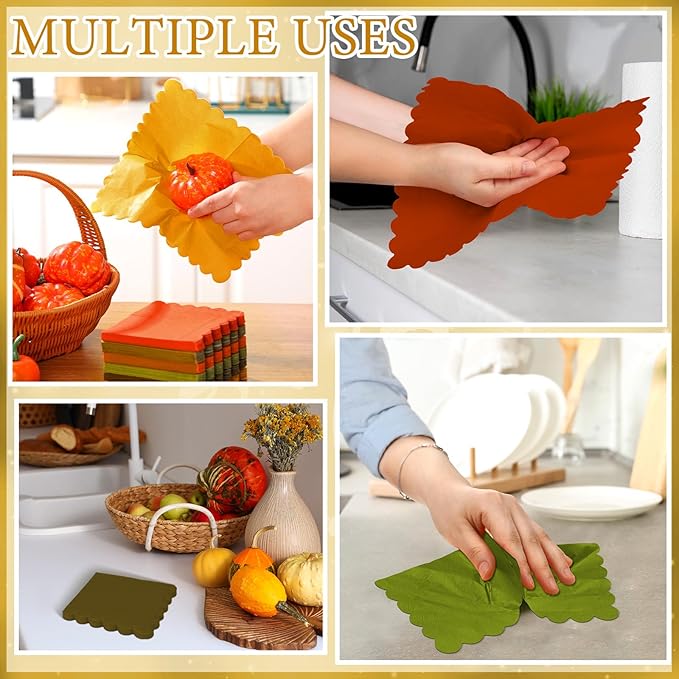 150 Pcs 5 x 5 Inches Fall Thanksgiving Paper Napkins Scalloped Cocktail Napkins Disposable Autumn Harvest Party Supplies Dessert Beverage Bathroom Table Dinner Wedding Decor