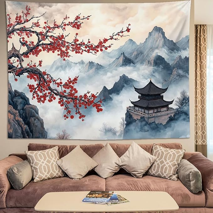 keowhsf Japanese Tapestry Aesthetic Wall Decor – Watercolor Ink Landscape with Red Plum Blossoms and Misty Mountains, Asian Art Hanging for Bedroom, Living Room, Dorm