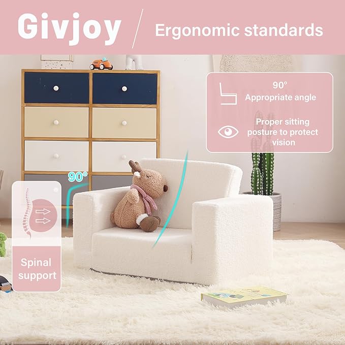 Toddler Chair Sherpa Kids Couch, 2-in-1 Soft Kids Sofa Lounger for Bedroom, Convertible Couch for Girls and Boys, Reading Chair, Beige