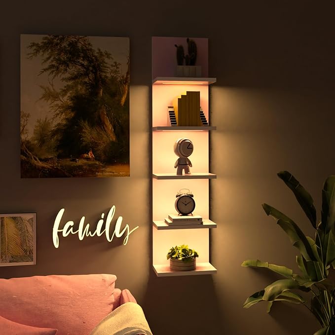 5 Tier Wall Shelf Unit,Modern Vertical Lack Wall Shelves with Light, Wall Mount, Floating Column Home Decor Shelves for Bedroom, Living Room, Vanity Storage Display(Pink)