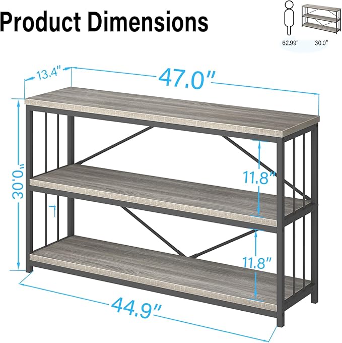 LVB Farmhouse Entryway Table, Metal Wood Console Table for Hallway, Industrial Rustic Sofa Table with 3-Tier Storage Shelf, Modern Entry Table for Foyer Front Home Living Room, Light Grey Oak, 47 inch