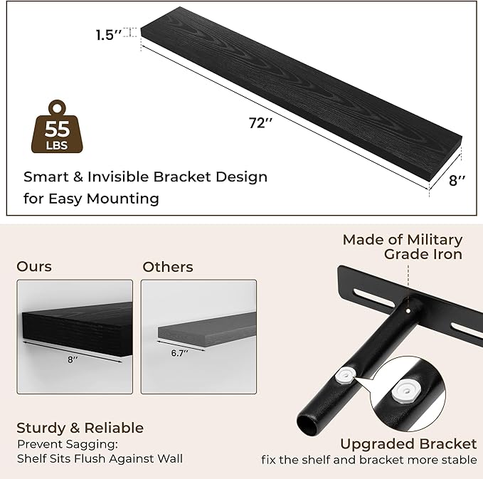 RICHFOCUS 72Inch Floating Shelves for Wall 1 Pack Shelves for Bedroom|Kitchen|Bathroom Wall Mounted Rustic Wood Floating Shelf with Invisible Brackets for Books|Storage|Decor, Black