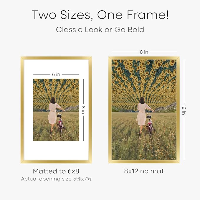 Homeforia 8x12 Picture Frame Gold, High End Metal 8 x 12 Poster Frames with Mat 6 by 8 for Photo, 12x8 Frame Matted to 6x8 inch Print, 8by12 Wall or Tabletop Frames, Tempered Glass, Wall Kit, Set of 1