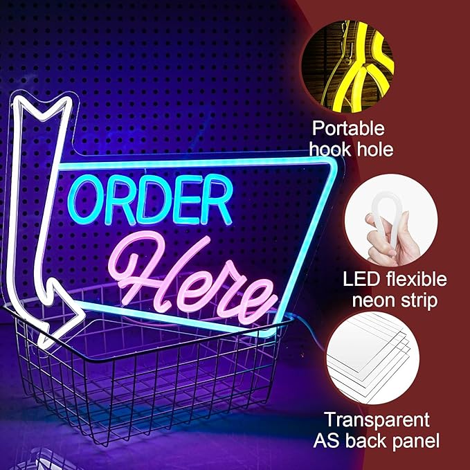 Order Here Neon Sign Led letters Sign Dimmable Order Neon Light for Wall Decor Larger Order Here Light Up Sign for Restaurant Shop Bar Business Neon Decor(16.1 * 12.6 In)