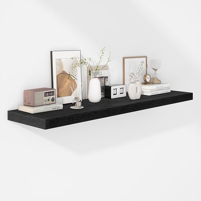 Fun Memories Floating Shelves - 12 Inch Rustic Wooden Wall Shelves - Extra Deeper & Thicker Wall Mounted Storage Shelf for Living Room, Kitchen, Farmhouse - 48" W x 12" D x 1.8" H - Rustic Black