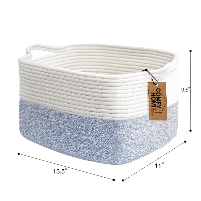 COMFY-HOMI Cotton Rope Woven Basket with Handles for shelf，Toy, Book, Cloth Storage Basket for Organizing-13.5"X11"X9.5" Storage Bin for Living Room, Newborn or Infant Gift for boy girl （White/blue）