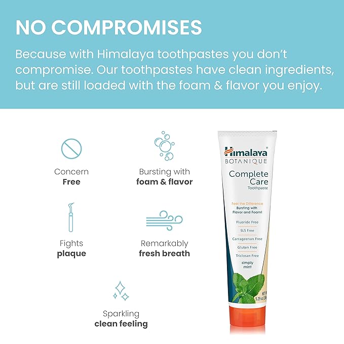 Himalaya Botanique Complete Care Toothpaste, Herbal, Mint Flavor, Fights Plaque, Freshens Breath, Fluoride Free, No Artificial Flavors, SLS Free, Cruelty Free, Foaming, 5.29 Oz, 4 Pack