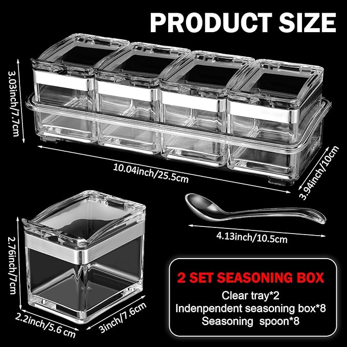 2 Set Acrylic Seasoning Organizer Box 8 Pcs Clear Seasoning Rack Spice Pots Condiments Containers with Lids and Spoons Storage Container Spice Jar for Salt Sugar Cruet Kitchen Cooking Organizer