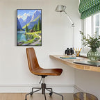 Landscape wall painting of mountain forest lakeside cabin under blue sky and white clouds natural oil painting poster suitable for living room bedroom office