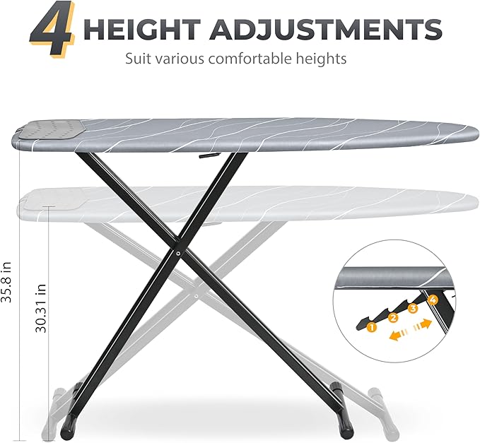 APEXCHASER Ironing Board with Silicon Iron Rest, Heavy-Duty Legs and Heat Resistant Cover, 13x53 inch, Black
