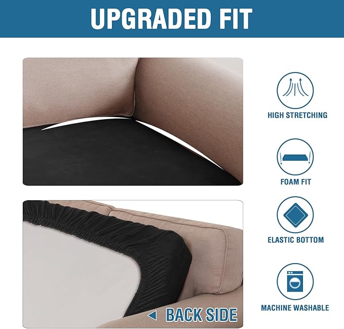 H.VERSAILTEX Velvet Stretch Individual Couch Cushion Cover Plush Cushion Slipcover for Loveseat Sofa Cushion Furniture Protector Seat Cushion Sofa Cover (1 Piece Sofa Cushion Cover, Black)