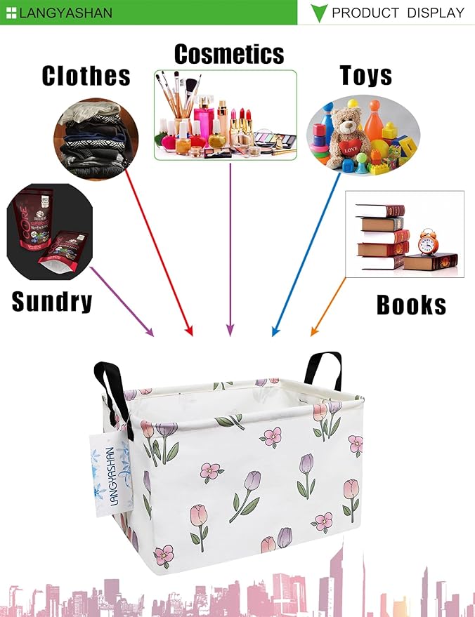 LANGYASHAN Rectangular Storage Bin Collapse Canvas Fabric Cartoon Storage Basket with Handles for Organizing Home Kitchen Boys and Girls Toys Office Closet Shelf Baskets (Rec Romantic Tulip)