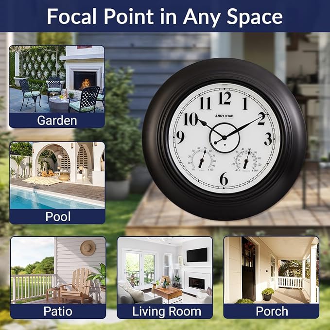 Andy Star 21 Inch Large Illuminated Outdoor Wall Clock Waterproof with Thermometer and Hygrometer, Oversized Battery Wall Clock for Patio Pool, Oil Rubbed Bronze Silent Non Ticking Clock for Garden