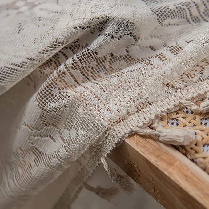 Sutuo Home Beige Boho Curtains for Living Room Bedroom,Bohemian Crochet Florals Embroidery Sheer Lace Handmade Tassels Vintage Rustic Window Treatment Country Drape Rod Pocket 1 Panel 59" W x 96" L