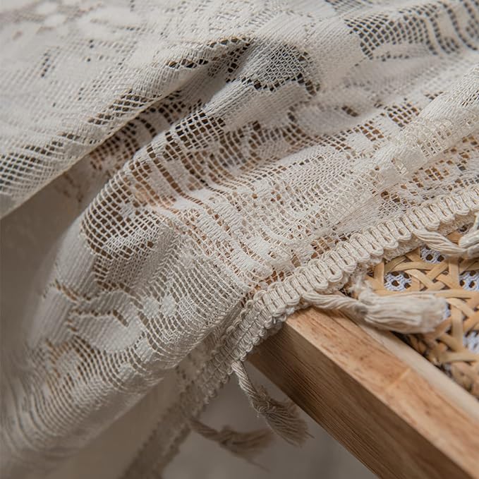 Sutuo Home Crochet Boho Curtains Rose Florals Embroidery, Sheer Lace Handmade Tassels Knitted Window Treatment Vintage Rustic Bohemian Farmhouse Drape for Bedroom Rod Pocket 1 Panel 59" W x 84" L
