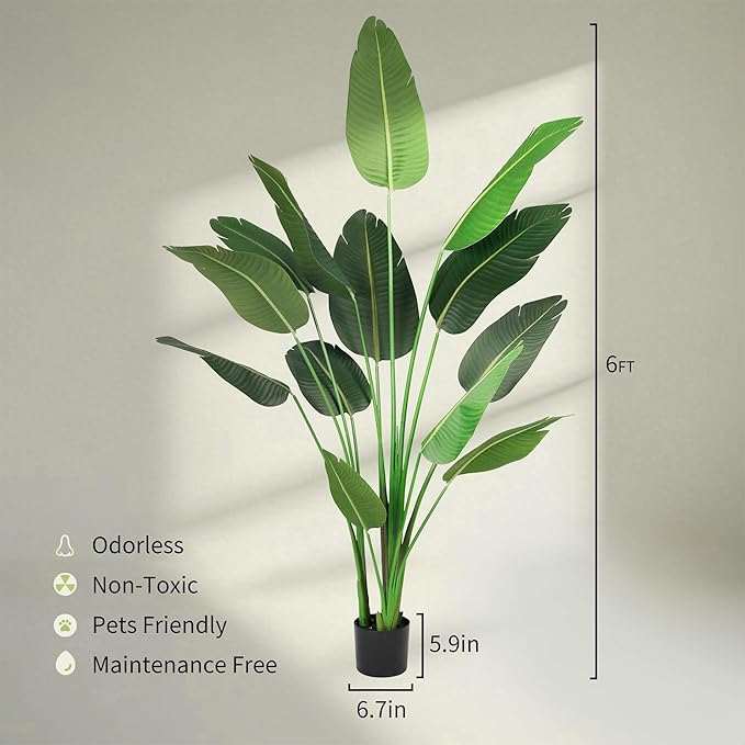 Worth Garden Artificial Bird of Paradise Plant 5.9ft, Set of 2 Large Faux Tropical Trees for Home and Office Décor, 70.8in Realistic Greenery for Indoor and Outdoor Spaces