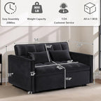 3 in 1 Convertible Sleeper Sofa Bed,Futon Loveseat Couch with Pull-Out Bed & Adjustable Backrest,Velvet Fabric Sofa with Side Pocket for Small Apartment, Living Room, Office (Black)