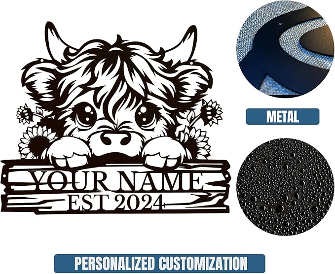 Personalized Highland Cow Name metal Signs,Custom Highland Cow Metal Shed Wall Decor,Black Metal Wall Art Plaques Outdoor wall Decorative Signage (Style D)