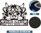Personalized Highland Cow Name metal Signs,Custom Highland Cow Metal Shed Wall Decor,Black Metal Wall Art Plaques Outdoor wall Decorative Signage (Style D)