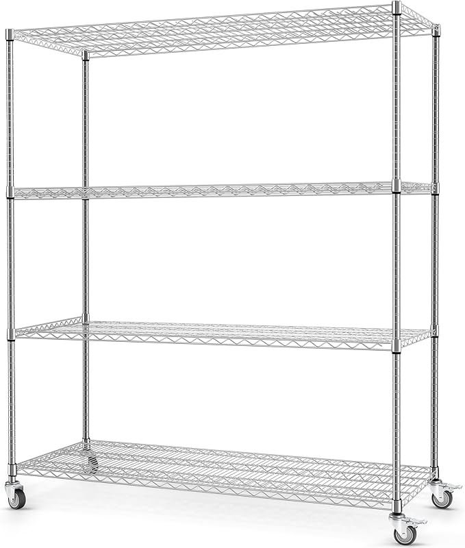 Rengue Wire Shelving with Wheels, 60"x 24"x72" Metal Storage Shelves, 4-Tier Heavy Duty Garage Storage Shelves, Chrome 2400LBS Capacity Wire Shelf Rack for Restaurant, Garage, Pantry, Kitchen
