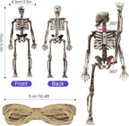 16 Pcs mini skeleton halloween decoration With hemp rope，6”small plastic posable halloween tiny skeleton figurines decor for Halloween Indoor Outdoor Graveyard Decor Haunted House Party Favors