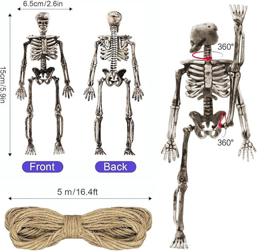 10 Pcs mini skeleton halloween decoration With hemp rope，6”small plastic posable halloween tiny skeleton figurines decor for Halloween Indoor Outdoor Graveyard Decor Haunted House Party Favors