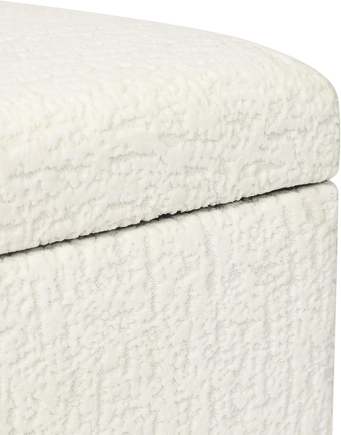 Adeco 18 Inch High Faux Fur White Cube Ottoman Storage, 3D Embossed Velvet Chair Foot Stools, Upholstered Vanity Stool with Hinged Lid, Solid Wood Legs