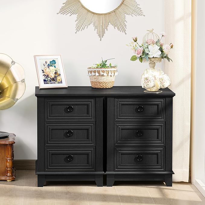 18" Farmhouse Night Stand with 3 Drawers, Wood End Table Dresser for Bedroom, Black Nightstand, Bed Side Table with Metal Handle, Bedside Cabinet for Bedroom Living Room, Closet