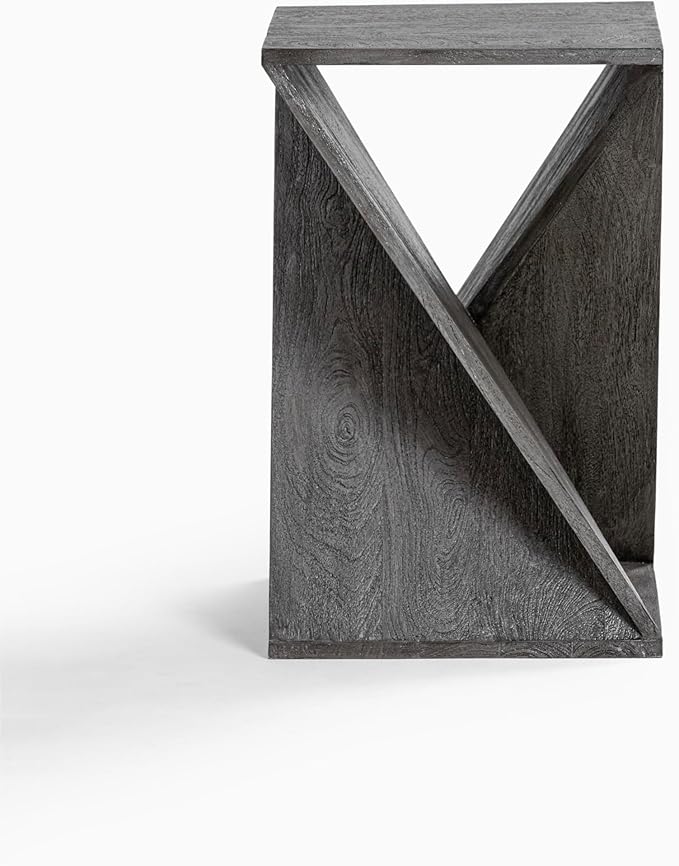 Modern Hand Made One-of-a-Kind Carved Mango Wood End Table, Farmhouse Side Table,Farmhouse End Table,Living Room,Bedroom, Accent Table, Contemporary Architectural Designed Grey,Assembled