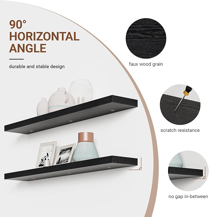 Heimlove Floating Shelves for Wall 48 Inches Long,9.3" Deep Black Floating Shelf Set of 2,Wall Mounted Wood Shelves for Bathroom Bedroom Living Room Kitchen Office,Shelf for Books Storage Room Decor