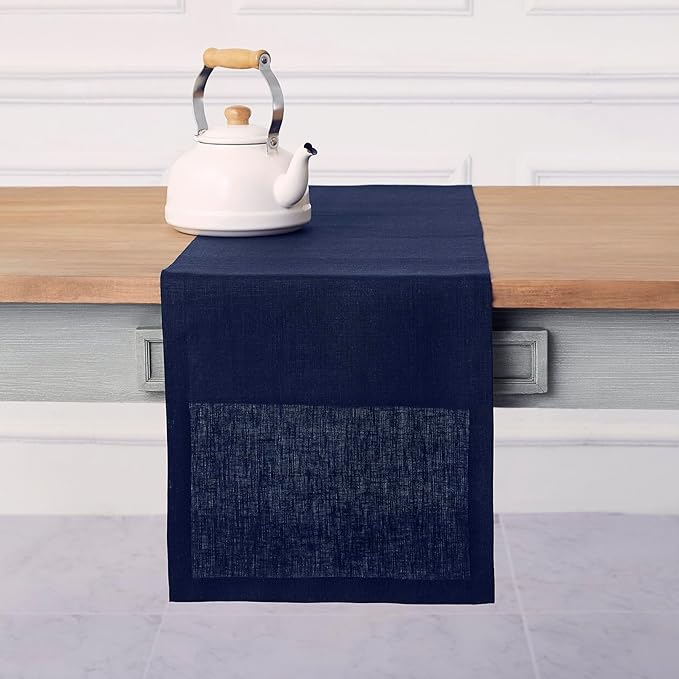 Solino Home Linen Navy Table Runner 60 Inches - 100% Pure Linen Short Table Runner 14 x 60 Inch Ideal for Dresser and Coffee Tables - Fall, Autumn, Thanksgiving - Fete