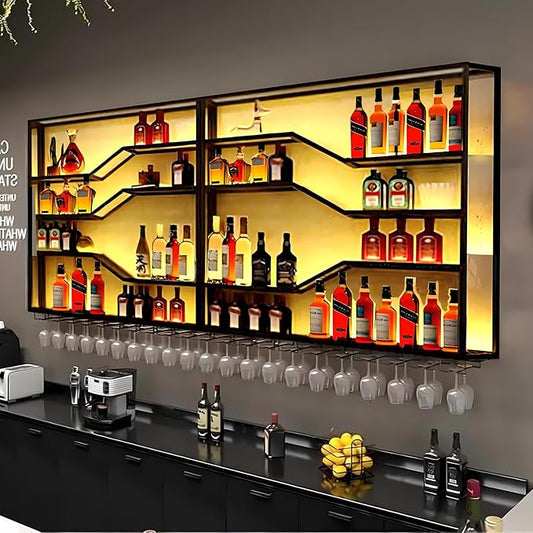 94.4in Wall Mounted Wine Rack with LED Light, 5-Tiers Liquor Bottles Display Shelf with Glasses Holder, Metal Home Bar Shelves with Industrial Iron Frame for Kitchen (Black, 94.4in/7.87ft)