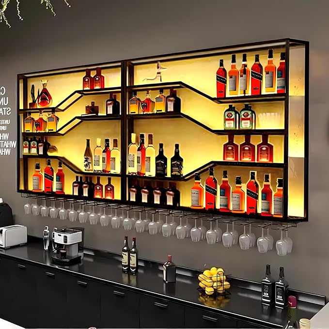 118in Wall Mounted Wine Rack with LED Light, 5-Tiers Liquor Bottles Display Shelf with Glasses Holder, Metal Home Bar Shelves with Industrial Iron Frame for Kitchen (Black, 118in/9.84ft)